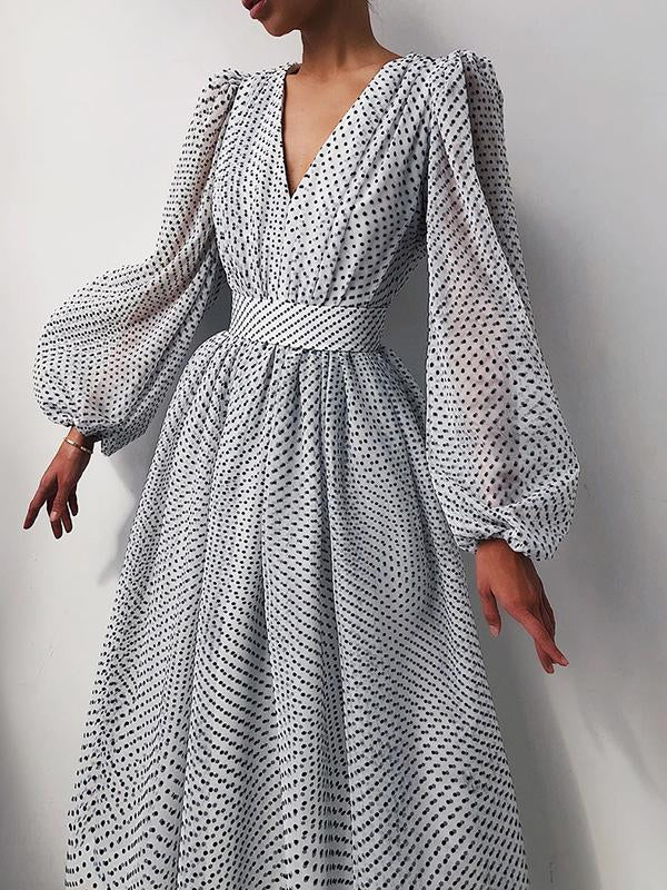Woochic mi-longue robe pois v-cou manches bouffantes élégant de soirée