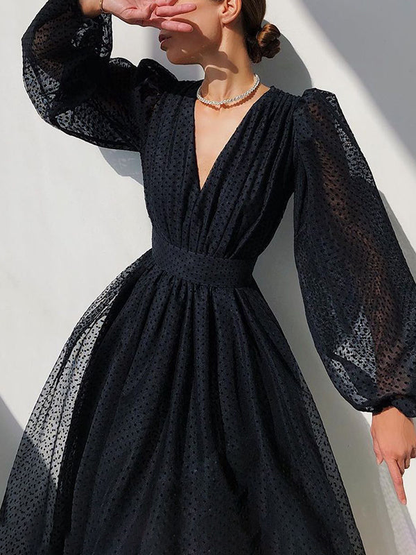 Woochic mi-longue robe pois v-cou manches bouffantes élégant de soirée Noir S
