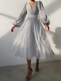 Woochic mi-longue robe pois v-cou manches bouffantes élégant de soirée Blanche S