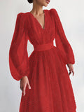 Woochic mi-longue robe pois v-cou manches bouffantes élégant de soirée Rouge S