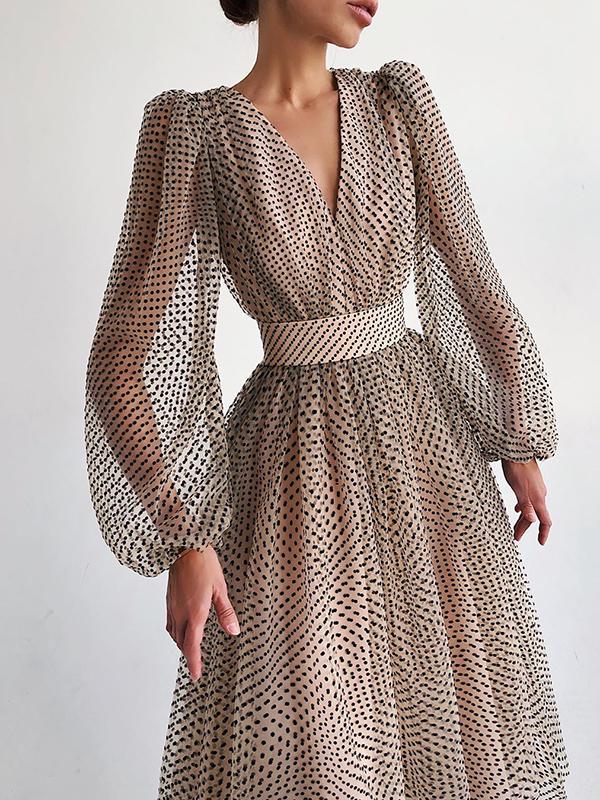 Woochic mi-longue robe pois v-cou manches bouffantes élégant de soirée Khaki S