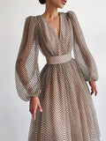 Woochic mi-longue robe pois v-cou manches bouffantes élégant de soirée Khaki S