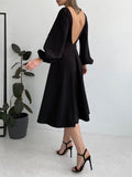 Woochic mi-longue robe trapèze à volantée décolleté dos nu  manches bouffantes manches longues élégant de fete