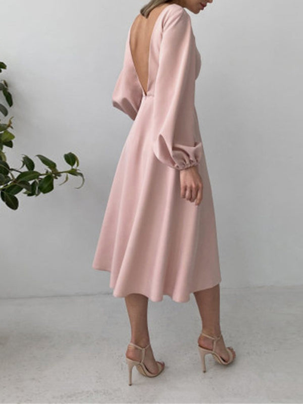 Woochic mi-longue robe trapèze à volantée décolleté dos nu  manches bouffantes manches longues élégant de fete