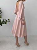 Woochic mi-longue robe trapèze à volantée décolleté dos nu  manches bouffantes manches longues élégant de fete