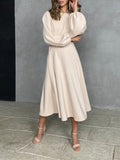 Woochic mi-longue robe trapèze à volantée décolleté dos nu  manches bouffantes manches longues élégant de fete Beige S