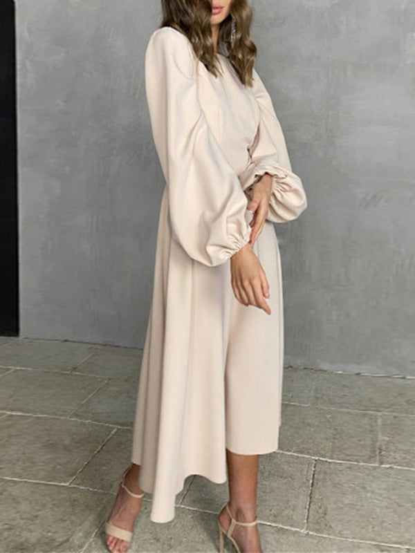 Woochic mi-longue robe trapèze à volantée décolleté dos nu  manches bouffantes manches longues élégant de fete