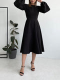 Woochic mi-longue robe trapèze à volantée décolleté dos nu  manches bouffantes manches longues élégant de fete