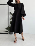 Woochic mi-longue robe trapèze à volantée décolleté dos nu  manches bouffantes manches longues élégant de fete Noir S