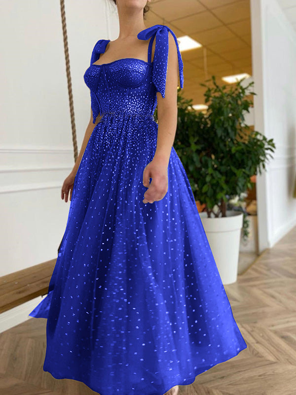 Woochic mi-longue robe trapèze brillante paillette avec noeud papillon élégant cocktail Bleu saphir S