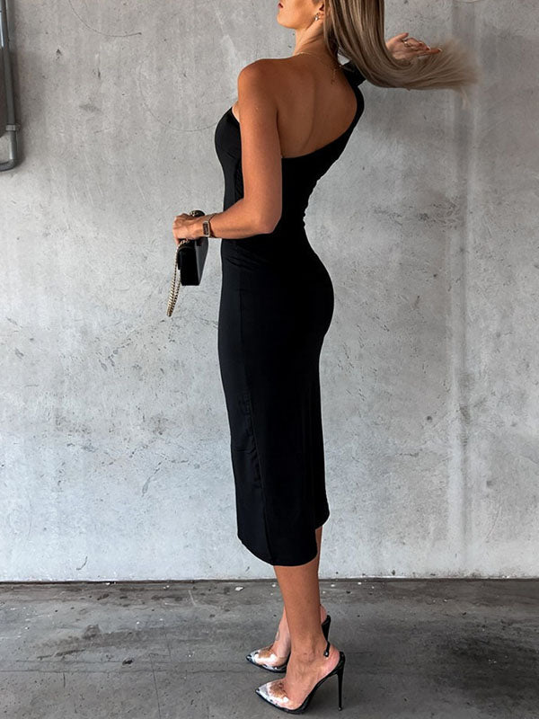 Woochic mi-longue robe une épaule moulante fendu le côté élégant de cocktail
