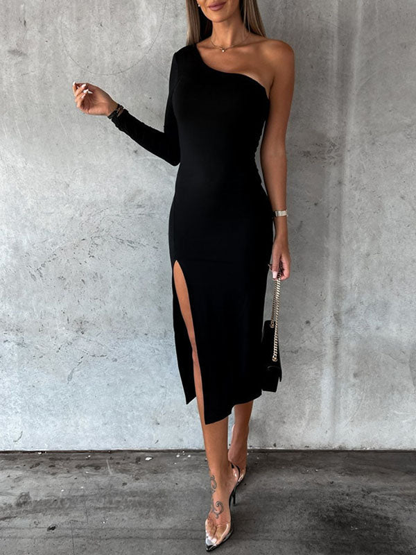 Woochic mi-longue robe une épaule moulante fendu le côté élégant de cocktail