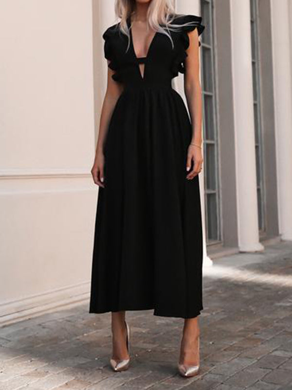 Woochic mi-longue robe volantée fluide décolleté plongeant élégant de cocktail Noir S