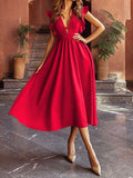 Woochic mi-longue robe volantée fluide décolleté plongeant élégant de cocktail Rouge S