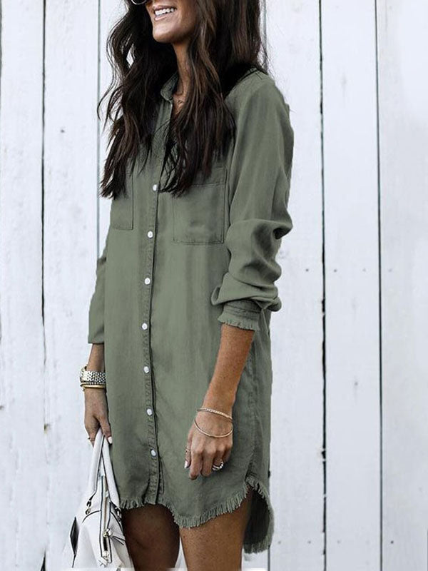 Woochic midi longue blouse robe en jean boutonnage avec poches col revers femme mode boyfriend