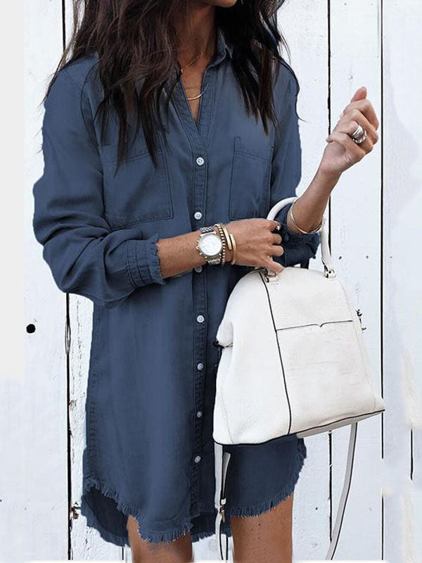 Woochic midi longue blouse robe en jean boutonnage avec poches col revers femme mode boyfriend Bleu foncé S