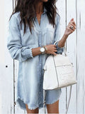 Woochic midi longue blouse robe en jean boutonnage avec poches col revers femme mode boyfriend Bleu clair S