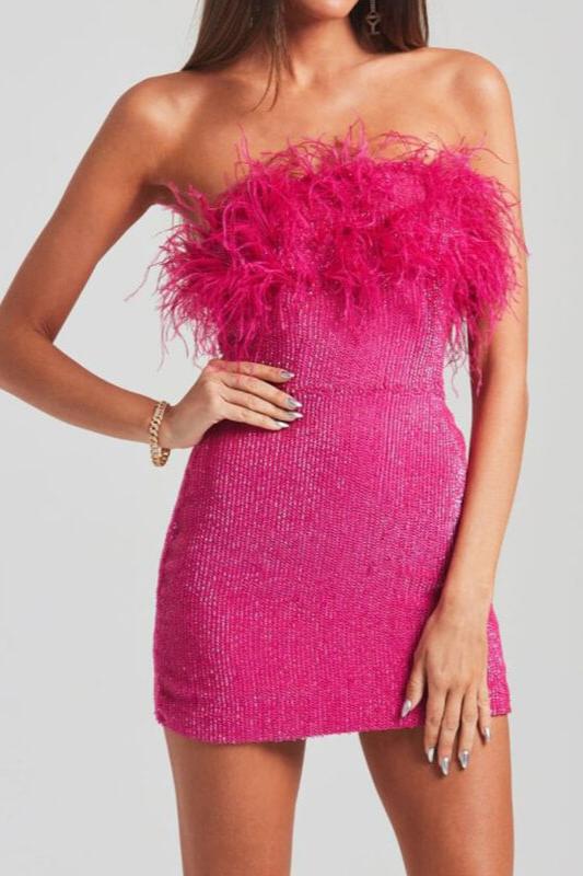 Woochic min-robe moulante brillante paillette plumes mode cocktail Rose framboise XS