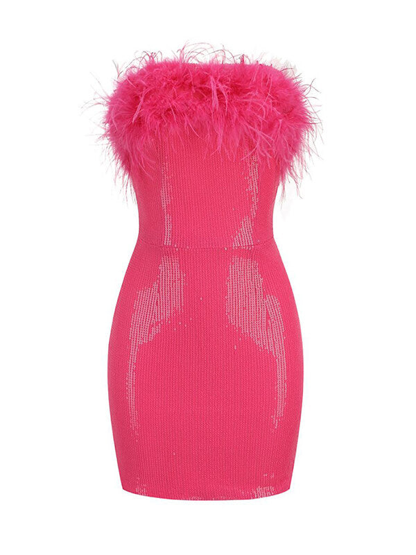 Woochic min-robe moulante brillante paillette plumes mode cocktail