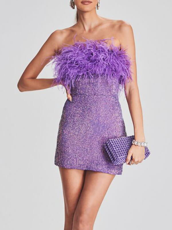 Woochic min-robe moulante brillante paillette plumes mode cocktail