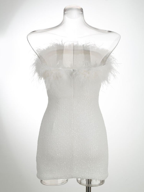 Woochic min-robe moulante brillante paillette plumes mode cocktail