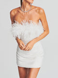 Woochic min-robe moulante brillante paillette plumes mode cocktail Blanche XS