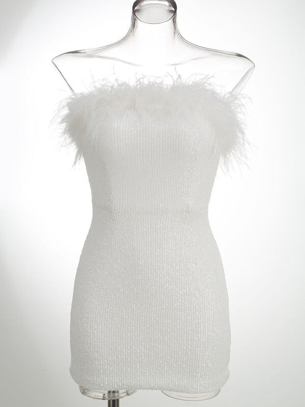 Woochic min-robe moulante brillante paillette plumes mode cocktail