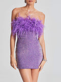 Woochic min-robe moulante brillante paillette plumes mode cocktail Violet XS