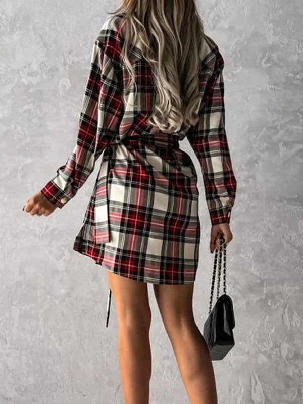 Woochic mini blouse robe carreaux boutonnage avec poches ceinture mode femme surchemise