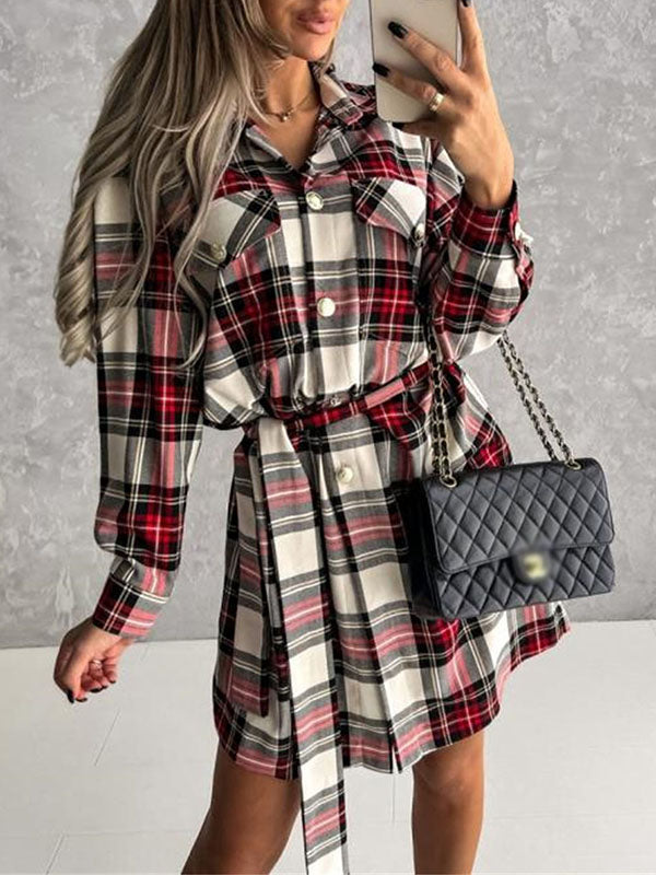 Woochic mini blouse robe carreaux boutonnage avec poches ceinture mode femme surchemise