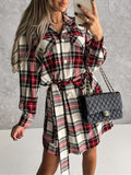 Woochic mini blouse robe carreaux boutonnage avec poches ceinture mode femme surchemise