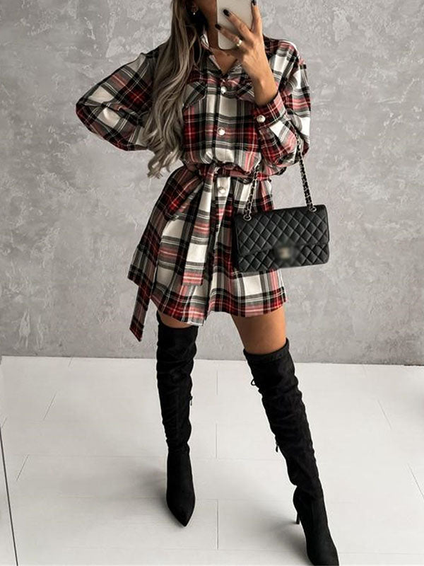 Woochic mini blouse robe carreaux boutonnage avec poches ceinture mode femme surchemise