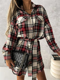 Woochic mini blouse robe carreaux boutonnage avec poches ceinture mode femme surchemise
