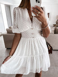 Woochic mini dress polka dot ruffle buttons plunging neckline puff sleeve short sleeve casual sweet beach