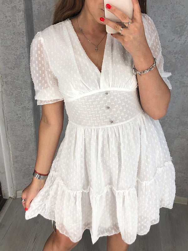 Woochic mini-robe à pois à volantée boutons décolleté plongeant manches bouffantes manches courtes casual doux plage