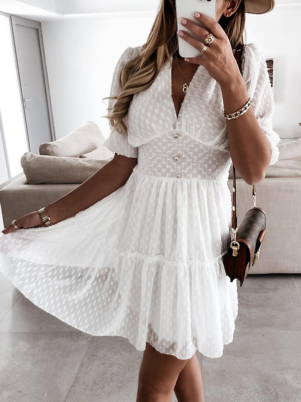 Woochic mini-robe à pois à volantée boutons décolleté plongeant manches bouffantes manches courtes casual doux plage