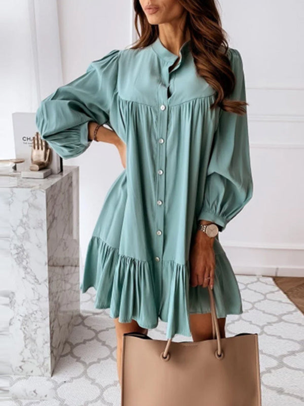Woochic mini robe à volantée boutonnage col montant manches bishop élégant de cocktail