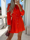 Woochic mini robe avec boutonnage ceinture col montant manches bishop élégant blouse de cocktail Rouge S