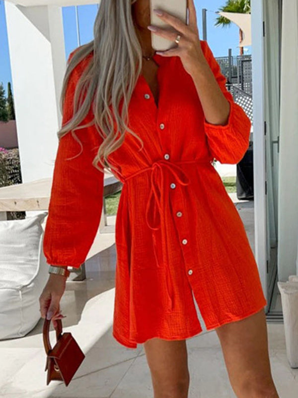 Woochic mini robe avec boutonnage ceinture col montant manches bishop élégant blouse de cocktail