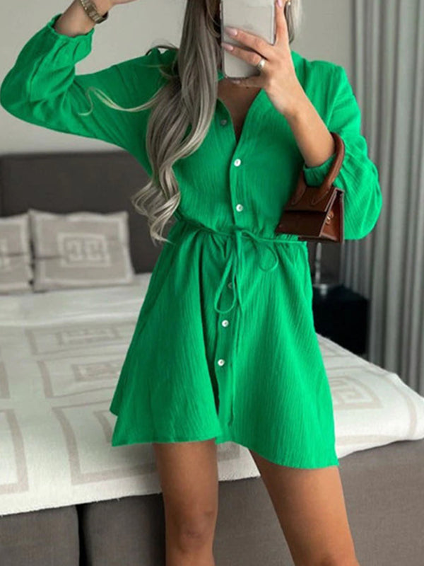 Woochic mini robe avec boutonnage ceinture col montant manches bishop élégant blouse de cocktail