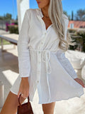 Woochic mini dress with buttoned belt stand collar bishop sleeves elegant cocktail blouse