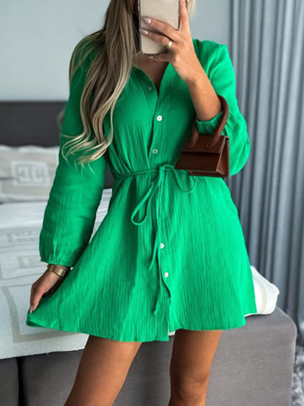 Woochic mini robe avec boutonnage ceinture col montant manches bishop élégant blouse de cocktail