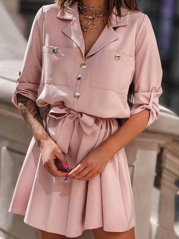 Woochic mini robe boutonnage avec poches ceinture col revers manches au coude élégant de cocktail