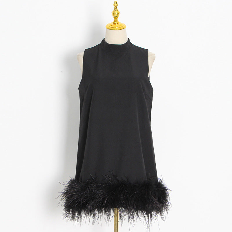 Woochic mini-robe col mi-haut en plume d’autruche droite sans manches,cocktail noir S