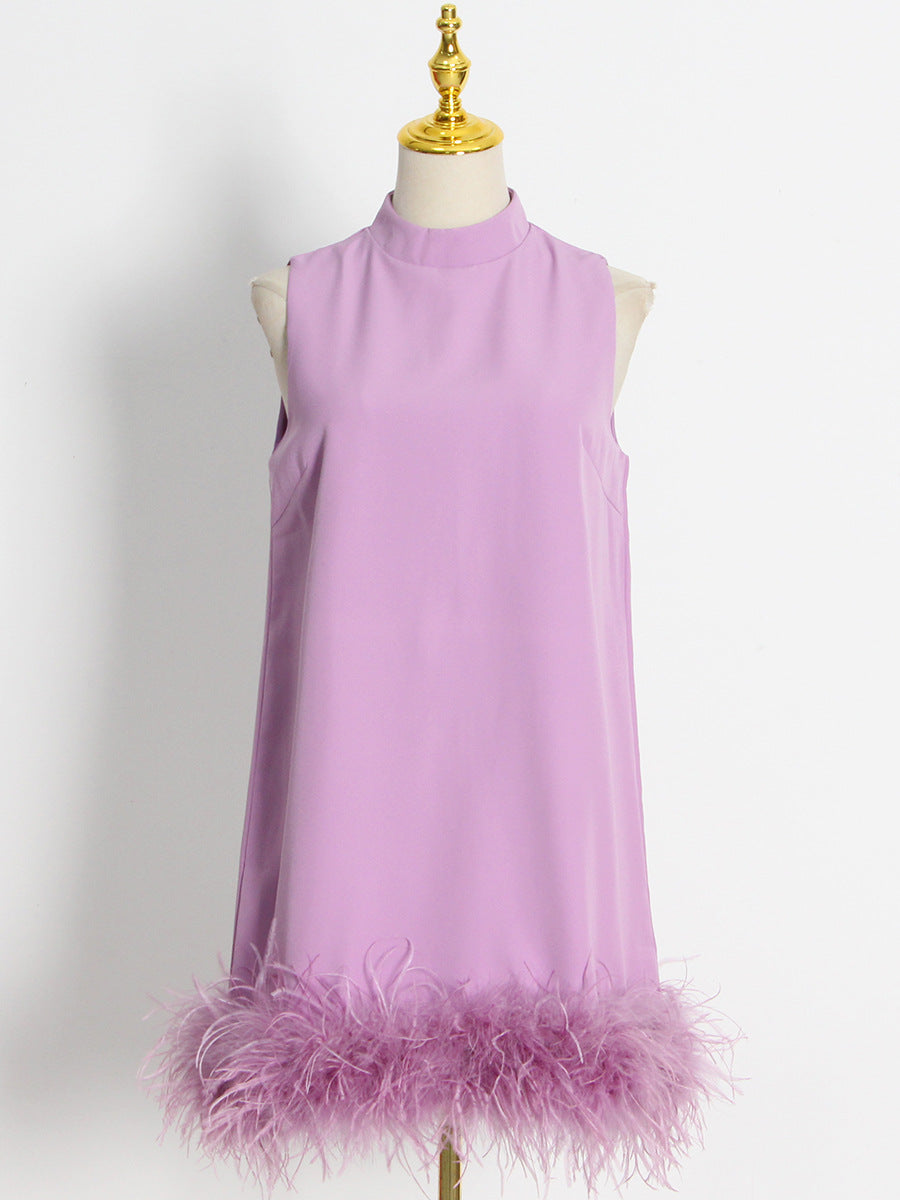Woochic mini-robe col mi-haut en plume d’autruche droite sans manches,cocktail violet S