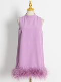 Woochic mini-robe col mi-haut en plume d’autruche droite sans manches,cocktail violet S