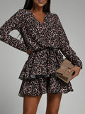 Woochic Leopard Ruffle Mini Dress V-Neck Long Sleeve Casual Cocktail Fall