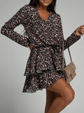 Woochic mini robe léopard à volantée v-cou manches longues casual cocktail automne