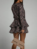 Woochic mini robe léopard à volantée v-cou manches longues casual cocktail automne