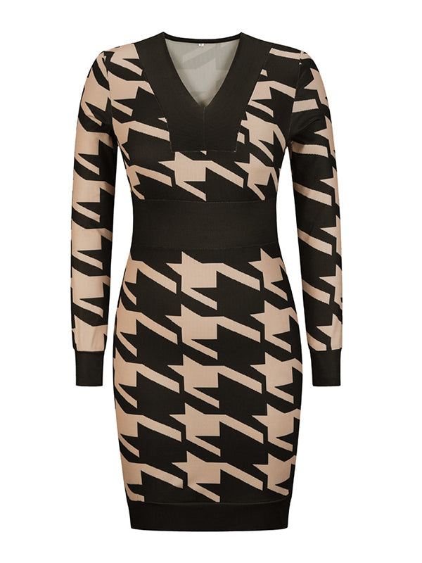 Woochic mini robe pied de poule v-cou manches longues élégant de cocktail